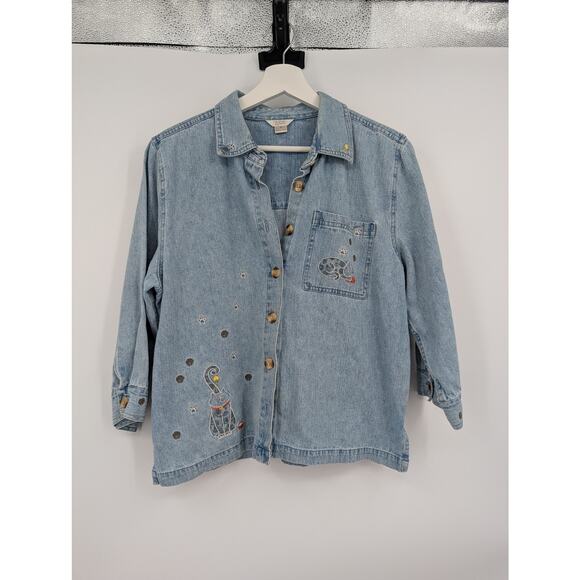 Christopher & Banks Tops - Vintage Y2K Christopher & Banks Chambray Kitty Cat Women's Medium Button Up